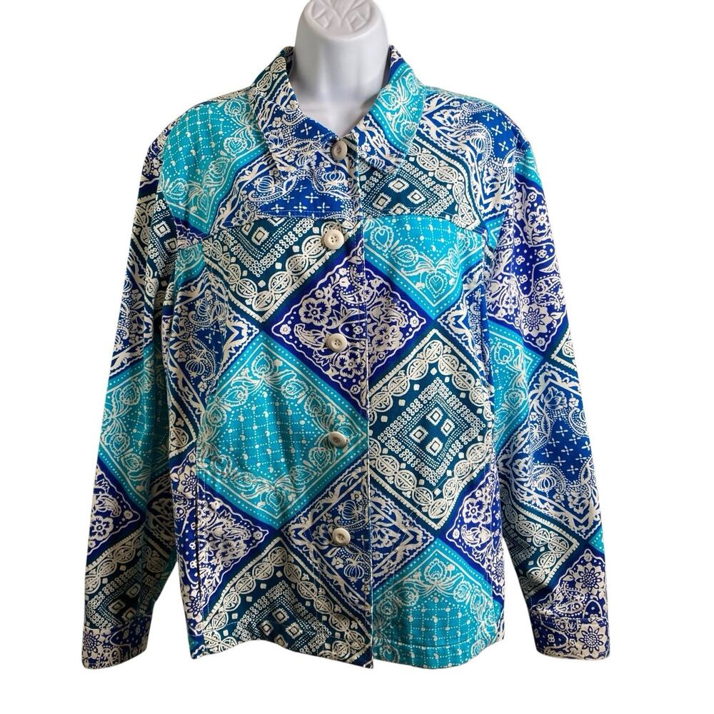 Coldwater Creek Womens Blue Batik Patchwork Lightweight Jacket Est. Size 2X Boho